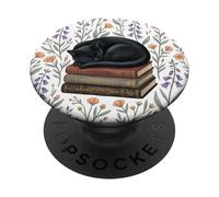 Black Cat Reading Book Lover Librarian Purple Flower Bookish PopSockets PopGrip Adhésif