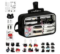 Black Cat Transparent Pencil Case - Large Capacity Stationery Set & Gift | Complete Back-To-School Set | Large Capacity Canvas & Clear Pen Pouch | Includes Gel Pens Notepad Pins & Accessories