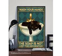Black Cat Wash Your Hands The Soap is Not Just Foration Salle de bain Toilettes Mur Toilettes Pet L Cadeau mignon Chat Décoration murale Affiche en métal 20,3 x 30,5 cm