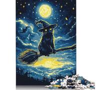 Black Cat Witch on Broom Puzzle 1000 Pièces Cadeau Unique Jeu Éducatif Challenge Toy À De Qualité Supérieure Peinture Art pour Adultes Et Enfants 500pcs (52x38cm)