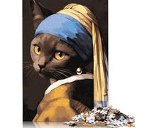 Black Cat with A Pearl Puzzle 1000 Pieces Cadeau Unique Jeu Éducatif Challenge Toy À De Qualité Supérieure Peinture Art pour Adultes Et Enfants À Partir De 14 Ans 1000pcs (38x26cm)
