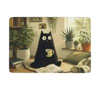 Black Cat with Coffee and Houseplants Tapis à Poils Courts 150 x 100 cm | Tapis antidérapant avec surface douce; améliore l'adhérence sur les sols secs adaptés; pour chambre et salon