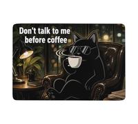 Black Cat with Coffee and Sunglasses Tapis à Poils Courts 150 x 100 cm | Idée cadeau de crémaillère : Tapis imprimé à poils courts, avec dos à points PVC antidérapants; pour chambre