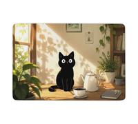 Black Cat with Coffee and Teapot Tapis 150 x 100 cm, Doux et Antidérapant | Tapis de salon pour une ambiance cocooning, avec dos à points PVC antidérapants; pour chambre d'amis et coin lecture