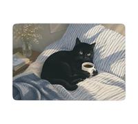 Black cat with coffee in bed Tapis 150 x 100 cm, Doux et Antidérapant | Tapis de chambre : adapté à une utilisation toute l'année; avec dos à points PVC antidérapants; près du lit ou du canapé