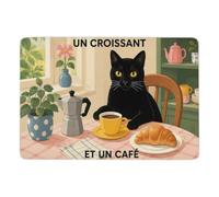 Black Cat with Croissant and Coffee Tapis à Poils Courts 150 x 100 cm | Tapis de salon avec dos à points PVC antidérapants; adapté à une utilisation toute l'année; pour chambre et salon