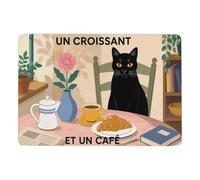 Black Cat with Croissant and Coffee Tapis à Poils Courts 150 x 100 cm | Tapis intérieur doux : met clairement en valeur le motif choisi; avec entretien facile à la main; pour chambre et salon