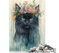 Black Cat with Floral Crown Puzzle 1000 Pièces Educa Jouet en Bois Cadeau Unique De l'art De La Décoration Jeu Éducatif Challenge Toy pour Adultes Et Enfants À Partir De 12 Ans 1000pcs (75x50cm)