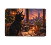 Black Cat with Glasses and Coffee Tapis 150 x 100 cm, Doux et Antidérapant | Idée cadeau de crémaillère : Tapis doux à poils courts, avec dos à points PVC antidérapants; près du lit ou du canapé