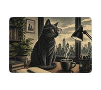 Black Cat with Glasses and Coffee Tapis 150 x 100 cm, Doux et Antidérapant | Tapis imprimé à poils courts : adapté à une utilisation toute l'année; avec surface douce; près du lit ou du canapé