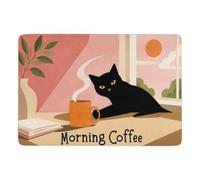 Black Cat with Morning Coffee Tapis 150 x 100 cm, Doux et Antidérapant | Idée cadeau pour une nouvelle maison : Tapis antidérapant, avec entretien facile à la main; pour chambre et salon