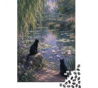 Black Cats in an Impressionist Garden Puzzle en Bois, 1000 pièces