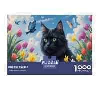 Black Chat in Spring Garden Puzzle 1000 Pièces Adultes intéressant Puzzles 1000 Pièces Jeu Éduchatif Cadeau 38x26cm/1000pcs