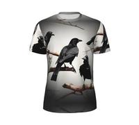 Black Crow Birds On A Branch T-shirt d'entraînement à manches courtes en maille pour homme pour activités de fitness en plein air, Noir , XXL