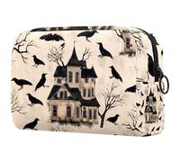 Black Crows Dead Trees Castle Trousse de maquillage pour femme, trousse de toilette de voyage, grande pochette de maquillage pratique avec fermeture éclair, multicolore, 18.5x7.5x13cm/7.3x3x5.1in,