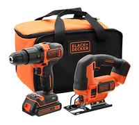 BLACK+DECKER BCK22S1S-QW Kit Perceuse à percussion et Scie sauteuse sans fil - Livré en sac de rangement, 18V, 1 Batteries Orange