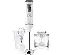 BLACK+DECKER BXHBA600E- Mixeur plongeant multifonction 3 en 1 600W, 20 vitesses + Turbo, anti-éclaboussures, verre doseur, bol hachoir, fouet, blanc