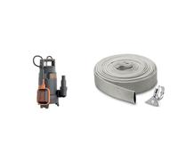 BLACK+DECKER BXUP750PTE Pompe Submersible Multifonction Eaux Claires et Eaux Sales Noir & Kärcher 29971000 Acier inoxydable Kit Tuyau Plat en Textile et Collier de Serrage 10 m, Gris