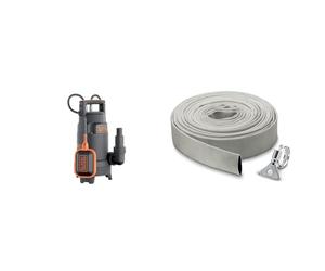 BLACK+DECKER BXUP750PTE Pompe Submersible Multifonction Eaux Claires et Eaux Sales Noir & Kärcher 29971000 Acier inoxydable Kit Tuyau Plat en Textile et Collier de Serrage 10 m, Gris