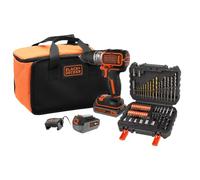 BLACK+DECKER Perceuse-visseuse à percussion 18V, 2 vitesses, moteur sans balais, mandrin 13 mm, LED, 2 batteries, 50 accessoires, chargeur, sac de rangement, BL188ME2SA-QW