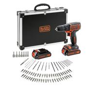 BLACK+DECKER Perceuse-visseuse sans fil 18V, compacte et légère, comprenant 2 batteries de 1,5Ah, un chargeur rapide et 80 accessoires dans une mallette de rangement, BDCDC18BAFC-QW