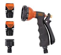 BLACK+DECKER Pistolet d'Arrosage avec 3 Raccords pour Tuyau de Jardin Débit Réglable Métal Noir/Orange