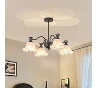 Black Farmhouse Milk Glass Flower Semi Flush Mount Chandelier LED Industrial Rustic Mid Century Hanging Pendant Light Sputnik for Kitchen Island Bedroom Living Dining Room