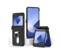 (Black)Folding Central Axis Card Bag Phone Case with Ring For Samsung Galaxy Z Flip6 5G
