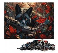 Black Fox with Fiery Eyes in Autumn Leaves Puzzle en Bois, 1000 pièces | Cadeau pour amateur de puzzle - cadeau pour passionné de puzzle avec loisir manuel en intérieur.