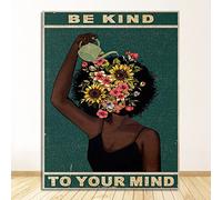 Black Girl Mental Health Affiche mental Soyez gentil avec votre esprit Impressions d'art positives African Femme Vintage Canvas Peinture Home Decor (Color : A, Size : 50x70cm No Frame)