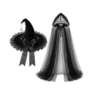Black Hooded Cloak Sheer Lightweight Hooded Mesh Lace Cosplay | Witch Hat Ghost Cosplay Cloak for Medieval Renaissance Cosplay Masquerade Photo Props Holiday Festival Bride