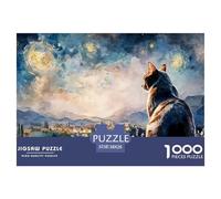 Black Kitten in Style of Van_goghs 1000 Pcs Carton Extra-épais Coffret De Puzzles Kitten Anti-Stress Jeu Créatif Puzzles As Birthday Gifts 38x26cm/1000pcs