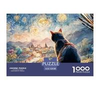 Black Kitten in Style of Van_goghs 1000 Pcs Carton Premium Coffret De Puzzles Kitten Stimulant Et Éducatif Jeu Créatif Puzzles As Birthday Gifts 52x38cm/1000pcs
