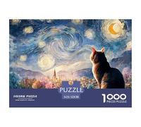 Black Kitten in Style of Van_goghs 1000 Pièces Carton Extra-épais Lot de Puzzles Kitten Stimulant Et Éducatif Défi Unique Puzzles As Birthday Gifts 52x38cm/1000pcs