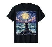 Black Labrador Starry Night Puppy at The Beach Illustration T-Shirt
