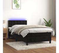 Black LED Bed Frame with Mattress 90x190 cm, Adjustable Headboard, Velvet Upholstery, Pocket Spring System for Bedroom and Guest Room Comfort