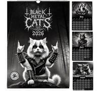 Black Metal Cats 2026 - Calendrier mural 2026, 12 mois, motif chat gothique, planificateur mensuel, reliure à spirale, métaux lourds C à illustration pour les amateurs de Ca t (noir)