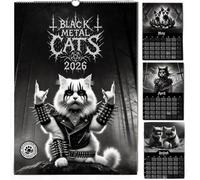 Black Metal Cats 2026 - Calendrier mural 2026, 12 mois, style gothique, chat artistique, planificateur mensuel, reliure à spirale, métaux lourds C à illustration, calendrier pour les amateurs de Ca t