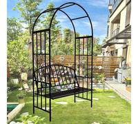 Black Metal Rose Arch with Bench, 206cm Tall Garden Pergola for Climbing Plants, Outdoor Trellis for 2, Elegant Garden Decoration, Sturdy Support for Vines