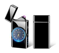 (Black) Nouvelle Horloge En Métal, Briquet À Double Arc, Affichage Led, Rechargeable Par Usb, Portable, Sans Flamme, Lampe De Poche Pour Camping En Plein Air, Cadeaux Pour Hommes