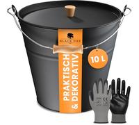 BLACK OACK FUEGO Seau à cendres, 10 l, noir, avec couvercle avec poignée en bois et gants, en acier galvanisé ignifuge et revêtu par pulvérisation, pour cendres, charbon, pellets, accessoires de