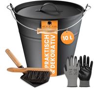 Black Oack Seau à cendres, FOGO 10 l, noir, avec couvercle avec poignée en métal, balayette, pelle et gants, grand seau en acier galvanisé et revêtu par pulvérisation de 10 l, pour cendres, charbon