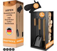 BLACK OAK ASPEN Ustensile de cheminée 4 pièces avec gant en cuir - Couverts de four pratiques et représentatifs avec manche en bois 4 pièces support + tisonnier - Pelle à cendres - Accessoires de