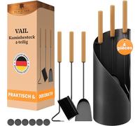 BLACK OAK Ensemble d'accessoires pour cheminée VAIL 4 pièces - ensemble moderne d'ustensiles pour poêle noir avec manche en bois 4 pièces comprenant pelle à cendre, balai à cheminée + support moderne