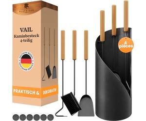 BLACK OAK Ensemble d'accessoires pour cheminée VAIL 4 pièces - ensemble moderne d'ustensiles pour poêle noir avec manche en bois 4 pièces comprenant pelle à cendre, balai à cheminée + support moderne