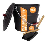 BLACK OAK Katla - Seau à cendres - 15 l - Avec couvercle - En acier galvanisé et revêtu par pulvérisation - Pour cendres et charbon - Accessoire idéal pour poêle à bois et poêle à bois - Noir