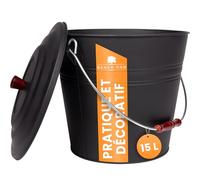 BLACK OAK Katla - Seau à cendres - 15 l - Couvercle noir avec bouton en bois - Grand modèle de 15 l - Acier galvanisé ignifuge et revêtu par pulvérisation - Seau à cendres et charbon - Accessoire