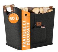 BLACK OAK Montana Panier en feutre et panier à bois XL 60 l pour bois de cheminée - Application en cuir + poignées antidérapantes + poche avant extra large - Panier en feutre pliable pour le transport