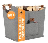 BLACK OAK Montana Panier en feutre et panier à bois XL 60 l pour bois de cheminée - Application en cuir véritable + larges poignées + poche avant extra large - Sac en feutre pliable pour le transport