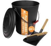 BLACK OAK Santorini Seau à cendres 25 l - Set pelle et balai - Grand modèle - 25 l - Noir - Rond - Avec couvercle en acier galvanisé et revêtu par pulvérisation - Pour cendres et charbon - Accessoire